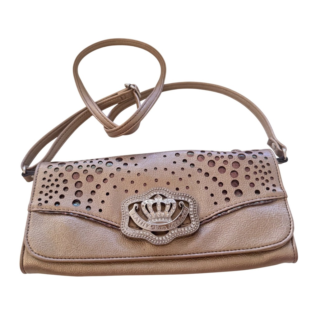 Kathy Van Zeeland Crown Rhinestone Crossbody Bag Purse Metallic brown 10x5 EUC